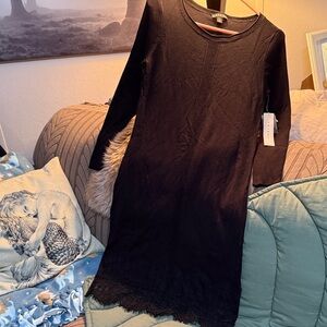 Tribal Black Long Sleeve Knit Dress with Lace Hem